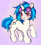 Size: 1866x2048 | Tagged: safe, artist:plebliung, imported from derpibooru, dj pon-3, vinyl scratch, pony, unicorn, blushing, colored pinnae, ear fluff, eye clipping through hair, eyebrows, eyelashes, female, glasses, horn, looking at you, mare, pink eyes, purple background, raised hoof, signature, simple background, smiling, smiling at you, solo, standing, tail, turned head, two toned hair, unshorn fetlocks, vinyl's glasses