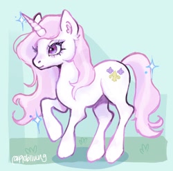 Size: 2048x2032 | Tagged: safe, artist:plebliung, imported from derpibooru, fleur-de-lis, unicorn, blue sky, detailed background, eyelashes, female, flowing mane, flowing tail, grass, horn, mare, pink mane, pink tail, pose, purple eyes, raised leg, signature, solo, tail, walking