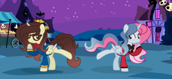 Size: 4813x2229 | Tagged: safe, artist:darbypop1, imported from derpibooru, oc, oc only, oc:darby, oc:melody everbelle, alicorn, pony, charlie morningstar, clothes, costume, demon costume, duo, duo female, female, hazbin hotel, hellaverse, mare, nightmare night costume, wally darling, welcome home