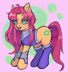 Size: 1926x2048 | Tagged: safe, artist:plebliung, imported from derpibooru, pony, armor, armored pony, bracelet, crossover, dc comics, ear fluff, female, flowing mane, flowing tail, green eyes, jewelry, looking at you, mare, necklace, orange coat, pink background, ponified, red mane, red tail, simple background, smiling, smiling at you, solo, starfire, superhero, superhero costume, tail, teen titans