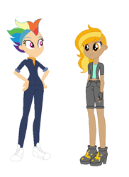 Size: 502x690 | Tagged: safe, artist:frankta1, artist:selenaede, imported from derpibooru, lightning dust, rainbow dash, human, equestria girls, alternate hairstyle, base used, boots, clothes, dark skin, duo, duo female, female, fingerless gloves, gloves, high heel boots, humanized, jacket, lesbian, midriff, mowhawk, older, older rainbow dash, rainbowdust, shipping, shoes, shorts, simple background, sneakers, tanktop, white background