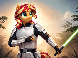 Size: 2048x1536 | Tagged: safe, imported from derpibooru, sunset shimmer, anthro, ai content, ai generated, armor, forest, frown, generator:pony diffusion v6 xl, generator:stable diffusion, jungle, lightsaber, nature, prompter:demose, star wars, stormtrooper, tree, weapon, worried