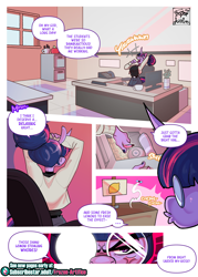Size: 2000x2800 | Tagged: safe, artist:frozenartifice, imported from derpibooru, twilight sparkle, anthro, fly, insect, unicorn, comic:princess celestia with a dick!, alternate hairstyle, arm behind head, breasts, busty twilight sparkle, classroom, comic, dialogue, female, glasses, hair bun, high res, mare, round glasses, solo, stretching, unicorn twilight, vial