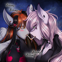 Size: 2000x2000 | Tagged: safe, artist:carbutt69, imported from derpibooru, oc, oc only, oc:cannon car, oc:pinky, anthro, pegasus, blushing, breasts, cigarette kiss, cleavage, ear piercing, earring, face to face, female, heartbeat, jewelry, lesbian, mafia, multicolored mane, night, night sky, piercing, sky, wings