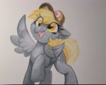 Size: 2810x2268 | Tagged: source needed, safe, artist:lbrcloud, imported from derpibooru, derpy hooves, pegasus, pony, cute, derpabetes, eye clipping through hair, female, floppy ears, hat, mailmare hat, mare, open mouth, open smile, raised hoof, simple background, smiling, solo, traditional art, waving, white background, wing gesture, wing wave, wings