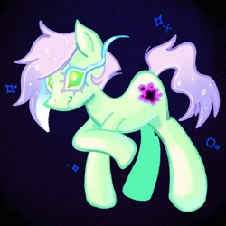 Size: 2048x2048 | Tagged: safe, artist:chipchapp, imported from derpibooru, oc, oc only, oc:atlanta georgia, earth pony, pony, abstract background, colored eyebrows, colored eyelashes, earth pony oc, ethereal mane, female, gift art, green coat, green eyes, high res, mare, mint coat, purple mane, purple tail, raised hoof, short mane, smiling, solo, sparkly mane, sparkly tail, standing, starry mane, starry tail, tail, textured background, unusual pupils, wavy mouth, wide eyes