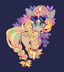 Size: 761x850 | Tagged: safe, artist:cutesykill, imported from derpibooru, applejack, earth pony, pony, ahoge, alternate accessories, alternate hairstyle, alternate tailstyle, big ears, big eyes, blonde mane, blonde tail, blue background, braid, braided ponytail, braided tail, colored eyelashes, colored pinnae, ear piercing, earring, female, flower, freckles, glasses, green eyes, hat, heart shaped glasses, jewelry, long mane, long tail, looking at you, mare, navy background, orange coat, piercing, ponytail, shrunken pupils, simple background, smiling, smiling at you, solo, standing, straw hat, sunglasses, sunglasses on head, tail, thick eyelashes, tied mane, tied tail, vacation, wingding eyes