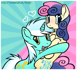 Size: 894x817 | Tagged: safe, artist:xxsurjxx, imported from derpibooru, bon bon, lyra heartstrings, sweetie drops, earth pony, pony, unicorn, duo, duo female, female, floating heart, heart, horn, hug, lesbian, lyrabon, mare, open mouth, open smile, shipping, smiling, sunburst background, tail