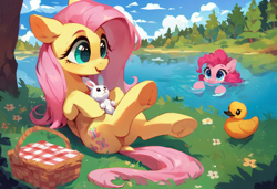 Size: 1216x832 | Tagged: safe, imported from derpibooru, angel bunny, fluttershy, pinkie pie, earth pony, pegasus, pony, rabbit, ai content, ai generated, animal, anonymous prompter, basket, cloud, colorful, cute, duckling, duo, female, flower, generator needed, grass, happy, holding, holding a bunny, lake, mare, open mouth, open smile, partially submerged, picnic basket, shore, sitting, sky, smiling, sunny day, swimming, tree, underhoof, water