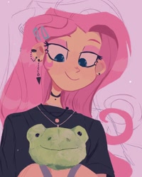 Size: 1440x1800 | Tagged: safe, artist:dreamz, imported from derpibooru, fluttershy, human, equestria girls, build-a-bear, choker, ear piercing, eyeliner, eyeshadow, female, hairclip, jewelry, lavender background, lidded eyes, looking down, makeup, necklace, piercing, plushie, simple background, smiling, solo, spring frog
