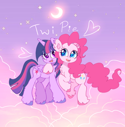 Size: 1560x1592 | Tagged: safe, artist:jaanhavi, imported from derpibooru, pinkie pie, twilight sparkle, alicorn, earth pony, pony, cloud, duo, duo female, female, heart, heart eyes, hug, lesbian, mare, moon, shipping, twilight sparkle (alicorn), twinkie, wingding eyes