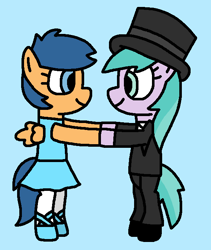 Size: 579x685 | Tagged: safe, artist:gillianthecreator36, imported from twibooru, first base, pony, adorabase, aura (g4), aurabetes, ballerina, ballerina first base, ballet slippers, best friends, blue background, closed mouth, clothes, cute, cyan background, dress, duo, female, filly, friends, hat, holding hands, holding hooves, image, lady tapper aura, png, shoes, simple background, slippers, smiling, tapper, tights, top hat, tuxedo