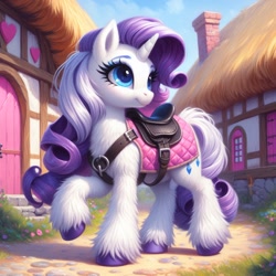Size: 1024x1024 | Tagged: safe, imported from ponybooru, rarity, pony, unicorn, ai content, ai generated, alternate hairstyle, bing, female, fluffy, mare, ponyville, saddle, solo, tack, unshorn fetlocks