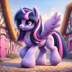 Size: 1024x1024 | Tagged: safe, imported from ponybooru, twilight sparkle, alicorn, pony, ai content, ai generated, alternate cutie mark, bing, female, fluffy, jewelry, mare, ponyville, smiling, solo, spread wings, twilight sparkle (alicorn), wings