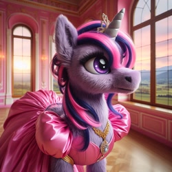 Size: 1024x1024 | Tagged: safe, imported from ponybooru, twilight sparkle, pony, unicorn, ai content, ai generated, backless, bing, clothes, dress, female, fluffy, jewelry, looking at something, mare, palace, pink dress, solo, tiara, unicorn twilight, window