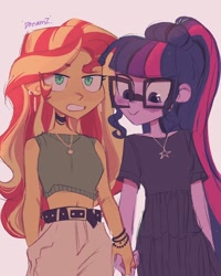 Size: 1440x1800 | Tagged: safe, artist:dreamz, imported from derpibooru, sci-twi, sunset shimmer, twilight sparkle, human, equestria girls, belt, blushing, bracelet, choker, duo, duo female, ear piercing, earring, eye clipping through hair, female, glasses, holding hands, jewelry, lesbian, lidded eyes, midriff, necklace, piercing, ponytail, sci-twishimmer, shipping, signature, simple background, smiling, sunsetsparkle, white background