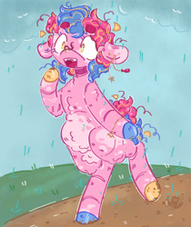 Size: 1280x1523 | Tagged: safe, artist:tottallytoby, imported from derpibooru, pinkie pie, earth pony, pony, semi-anthro, alternate color palette, alternate design, alternate eye color, alternate hair color, alternate hairstyle, alternate tail color, alternate tailstyle, belly fluff, big ears, bracelet, chest fluff, chubby, cloud, colored belly, colored eartips, colored eyebrows, colored eyelashes, colored hooves, curly mane, curly tail, dirt road, ear piercing, earring, eyebrows, eyebrows visible through hair, facial markings, fangs, female, floppy ears, fupa, grass, hooves, human shoulders, jewelry, leg fluff, mare, mud, muddy hooves, multicolored hooves, neck fluff, open mouth, outdoors, pale belly, piercing, pink coat, pubic fluff, rain, raised hoof, shiny hooves, short mane, short tail, shoulder fluff, shrunken pupils, solo, splotches, tail, thick eyebrows, two toned mane, two toned tail, walking, wall of tags, wide eyes, wingding eyes, yellow eyes