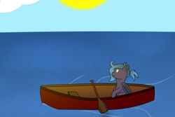Size: 6000x4000 | Tagged: safe, artist:eminent entropy, imported from derpibooru, oc, oc only, oc:gemini, bat pony, pony, boat, canoe, cloud, lake, oar, relaxing, ripples, scenery, sitting, solo, sun, water