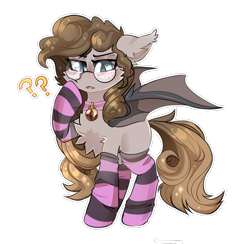 Size: 900x880 | Tagged: safe, artist:star-theft, imported from derpibooru, oc, oc only, bat pony, pony, bat pony oc, bat wings, bell, bell collar, chest fluff, clothes, collar, female, freckles, glasses, mare, question mark, simple background, socks, solo, striped socks, transparent background, wings