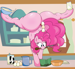 Size: 2725x2500 | Tagged: safe, artist:isaac_pony, imported from derpibooru, pinkie pie, earth pony, pony, alcohol, ass up, baking, balancing, balloonbutt, book, butt, countertop, egg, female, handstand, huge butt, kitchen, large butt, mare, milk, mouth hold, muscles, plot, prehensile mane, solo, sugarcube corner, the ass was fat, upside down, whiskey, window