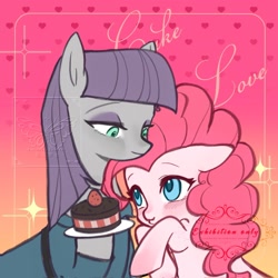 Size: 1819x1819 | Tagged: safe, artist:ganningganning, imported from derpibooru, maud pie, pinkie pie, earth pony, pony, blushing, cake, duo, duo female, female, food, gradient background, mare, plate, siblings, sisters, smiling, text