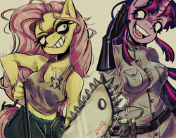 Size: 2800x2200 | Tagged: safe, artist:zxmxrxd, imported from derpibooru, fluttershy, twilight sparkle, anthro, pegasus, unicorn, .mov, beige background, breasts, busty fluttershy, busty twilight sparkle, chainsaw, clothes, duo, duo female, female, fluttershed, grin, high res, horn, lab coat, mare, simple background, smiling, vial