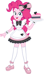 Size: 750x1267 | Tagged: safe, artist:julie-z, imported from derpibooru, pinkie pie, equestria girls, apron, bow, bowtie, cake, clothes, cute, diapinkes, female, food, open mouth, shoes, simple background, skirt, socks, solo, stockings, thigh highs, transparent background, waitress, zettai ryouiki