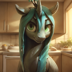 Size: 2048x2048 | Tagged: safe, imported from derpibooru, queen chrysalis, changeling, changeling queen, pony, ai content, ai generated, female, happy, kitchen, looking at you, prompter:jasedward, smiling, smiling at you, solo