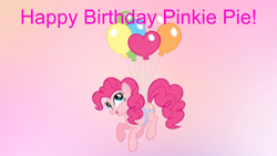 Size: 960x540 | Tagged: safe, imported from derpibooru, pinkie pie, earth pony, pony, female, gradient background, happy birthday, solo
