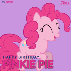 Size: 2160x2160 | Tagged: safe, artist:zslnews, imported from derpibooru, pinkie pie, earth pony, pony, ^^, eyes closed, female, happy birthday, mare, open mouth, purple background, simple background, solo