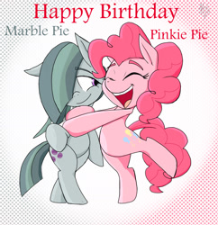 Size: 1830x1894 | Tagged: safe, artist:a.s.e, imported from derpibooru, marble pie, pinkie pie, earth pony, pony, semi-anthro, duo, duo female, female, happy, happy birthday, hug, siblings, sisters, together