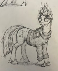 Size: 1678x2048 | Tagged: safe, artist:asheslulamoon, imported from derpibooru, moondancer, pony, unicorn, clothes, female, glasses, grayscale, horn, mare, monochrome, sketch, sweater, traditional art, unshorn fetlocks