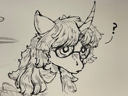 Size: 2048x1536 | Tagged: safe, artist:asheslulamoon, imported from derpibooru, oc, oc only, pony, unicorn, bust, cheek fluff, curved horn, female, glasses, grayscale, horn, mare, monochrome, question mark, solo, traditional art