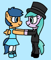 Size: 579x685 | Tagged: safe, artist:gillianthecreator36, imported from twibooru, first base, pony, adorabase, aura (g4), aurabetes, ballerina, ballerina first base, ballet slippers, best friends, blue background, closed mouth, clothes, cute, cyan background, dress, duo, female, filly, friends, hat, holding hands, holding hooves, image, lady tapdancer aura, png, shoes, simple background, slippers, smiling, tapdancer, tights, top hat, tuxedo