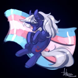 Size: 2000x2000 | Tagged: safe, artist:asheslulamoon, imported from derpibooru, oc, oc only, pony, unicorn, black background, curved horn, female, horn, lying down, mare, pride, pride flag, simple background, sleeping, solo, trans day of visibility, transgender pride flag