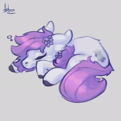 Size: 2048x2048 | Tagged: safe, artist:asheslulamoon, imported from derpibooru, oc, oc only, earth pony, pony, commission, curled up, female, flower, flower in hair, gray background, lying down, mare, prone, simple background, sleeping, ych result