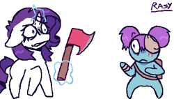 Size: 514x291 | Tagged: safe, artist:b4rkzal0t, imported from derpibooru, rarity, pony, unicorn, axe, backpack, bandage, duo, eyepatch, female, frightened, horn, magic, mare, simple background, telekinesis, weapon, white background