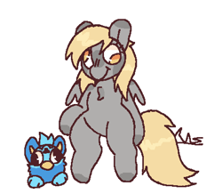 Size: 457x399 | Tagged: safe, artist:b4rkzal0t, imported from derpibooru, derpy hooves, pegasus, pony, bipedal, chest fluff, derp, duo, female, furby, mare, simple background, white background