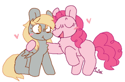 Size: 575x380 | Tagged: safe, artist:b4rkzal0t, imported from derpibooru, derpy hooves, pinkie pie, earth pony, pegasus, pony, blushing, chest fluff, derpypie, duo, female, floating heart, heart, lesbian, mare, shipping, simple background, sitting, white background