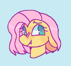 Size: 313x292 | Tagged: safe, artist:b4rkzal0t, imported from derpibooru, fluttershy, pegasus, pony, alternate hairstyle, blue background, bust, female, mare, short hair, simple background, snaggletooth, solo