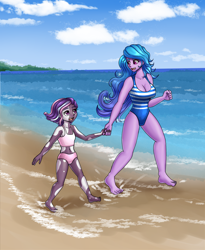 Size: 1800x2200 | Tagged: safe, artist:zachc, imported from derpibooru, izzy moonbow, human, equestria girls, barefoot, beach, breasts, busty izzy moonbow, cleavage, clothes, commission, dreadlocks, equestria girls-ified, feet, g5, g5 to equestria girls, g5 to g4, generation leap, holding hands, looking at each other, looking at someone, one-piece swimsuit, open mouth, open smile, smiling, swimsuit, violette rainbow, vitiligo