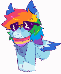 Size: 311x381 | Tagged: safe, artist:b4rkzal0t, imported from derpibooru, rainbow dash, pegasus, pony, chest fluff, ear piercing, earring, female, jewelry, mare, neckerchief, piercing, pride, pride flag, simple background, solo, sunglasses, swag pride flag, white background