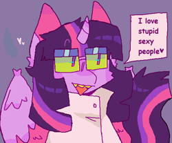 Size: 512x424 | Tagged: safe, artist:b4rkzal0t, imported from derpibooru, twilight sparkle, alicorn, clothes, colored wings, curved horn, dialogue, female, floating heart, glasses, heart, horn, jacket, mare, sharp teeth, simple background, solo, speech bubble, spread wings, teeth, twilight sparkle (alicorn), wings