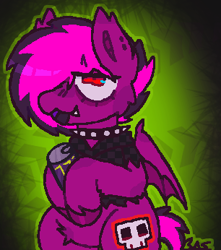 Size: 306x346 | Tagged: safe, artist:b4rkzal0t, imported from derpibooru, oc, oc only, oc:violet valium, bat pony, pony, undead, vampire, abstract background, can, choker, clothes, drink, ear piercing, energy drink, fangs, jacket, monster energy, nonbinary, piercing, pubic fluff, solo, spiked choker, unshorn fetlocks