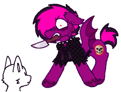 Size: 506x385 | Tagged: safe, artist:b4rkzal0t, imported from derpibooru, oc, oc only, oc:violet valium, bat pony, undead, vampire, choker, clothes, duo, ear piercing, furry, hair over one eye, jacket, knife, mouth hold, nonbinary, piercing, simple background, spiked choker, spread wings, unshorn fetlocks, white background, wings