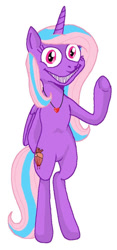 Size: 478x1019 | Tagged: safe, artist:moondeer1616, imported from derpibooru, oc, oc only, oc:heart sparkle, alicorn, .mov, creepy, creepy smile, female, heart necklace, jewelry, mare, necklace, pony.mov, simple background, smiling, waving, waving at you, white background