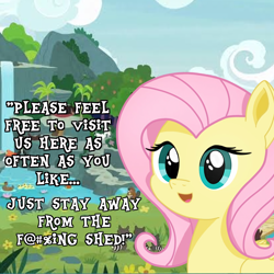 Size: 1986x1986 | Tagged: safe, edit, edited screencap, imported from derpibooru, screencap, fluttershy, beaver, pegasus, pony, raccoon, .mov, shed.mov, fluttershy leans in, censored, censored vulgarity, cloud, cute, digital art, female, flower, grass, happy, highlights, looking at you, meme, morning, open mouth, shading, shyabetes, sky, solo, sweet feather sanctuary, talking, talking to viewer, text, water, waterfall