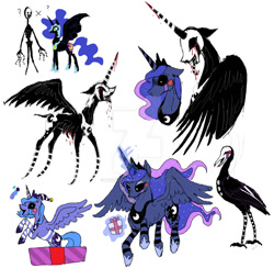 Size: 905x883 | Tagged: safe, artist:moondeer1616, imported from derpibooru, nightmare moon, princess luna, alicorn, blood, crossover, deviantart watermark, female, five nights at freddy's, floating, fusion, glowing, glowing horn, group, horn, jewelry, mare, marionette, obtrusive watermark, puppet, regalia, s1 luna, simple background, watermark, white background, young luna