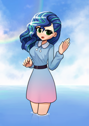 Size: 2508x3528 | Tagged: safe, artist:howxu, imported from derpibooru, human, alternate hairstyle, belt, clothes, cloud, commission, cute, dress, g5, humanized, light skin, misty brightdawn, partially submerged, rainbow, standing in water, sweet dreams fuel, water, wave