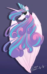 Size: 1168x1821 | Tagged: safe, artist:lunaalmond, imported from derpibooru, princess flurry heart, alicorn, pony, female, flowing mane, gradient background, large wings, long mane, looking at you, looking back, looking back at you, mare, older, older flurry heart, signature, smiling, smiling at you, solo, wings